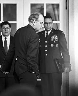 Prints of WASHINGTON DC - FEBRUARY: Vice President Dick Cheney and Chairman of the Joint Chiefs of Staff Gen. Colin Powell at a press conference with President George H.W Cheney Uncovered: Political Portraits: War with Iraq 1991