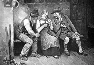 Families Prints: A warm place, at the tiled stove the farmer's daughter is sitting and knitting