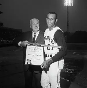 Silver Prints: Warren Giles Giving Bat to Roberto Clemente