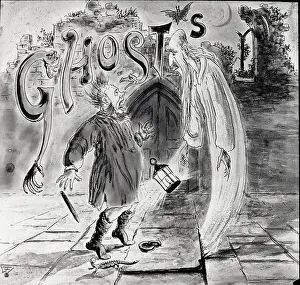 Wash Drawing Prints: Wash Drawing of Ghost Scaring Watchman