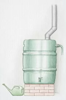 Environmental Issues Collection: Water butt, pipe running into container on brick socket, watering can standing to left