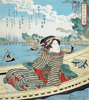 Shoes Prints: Water Scene with woman ina row boat, resting and having taken her shoes off