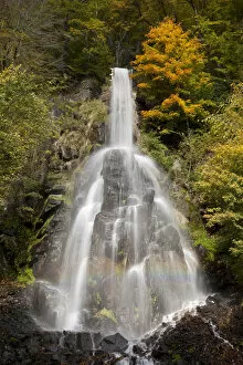 Waterfall in an autumnal landscape in Trusetal, Trusetal, Brotterode-Trusetal, Thuringian Forest, Thuringen, Germany