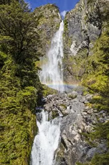 Images Dated 13th December 2011: Waterfall with a rainbow on Arthurs Pass, South Island, New Zealand, Oceania