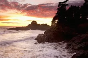 Images Dated 19th March 2017: Waves At Cox Bay And Sunset Point At Sunset Near Tofino; British Columbia Canada