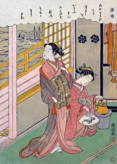 The Pierce Archive Prints: Waves by Moonlightlooking over the river by two women prparing tea from a kettle
