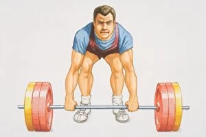 Weight lifter with bended knees struggling to lift weight from the ground, front view