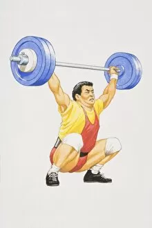 Weight lifter crouching with bended knees struggling to lift weight over his head