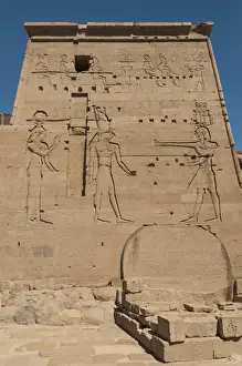 Lake Nasser Prints: Well-preserved carved relief of the pylon at the Temple of Isis in Philae
