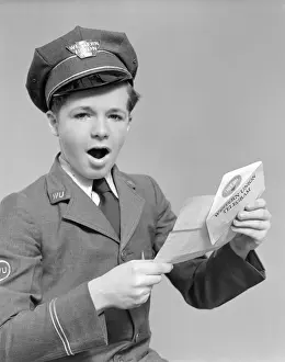 Only Boys Prints: Western Union Messenger Facing Camera Announcing Telegram