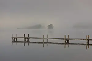 Lake Staffelsee Prints: Wharf in the fog on Lake Staffelsee with the island of Woerth near Seehausen