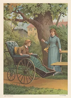 Images Dated 4th December 2017: Wheelchair user and girl, lithograph, published in 1887