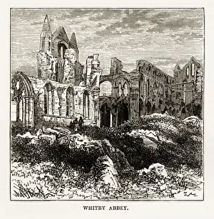 Whitby Abbey Prints: Whitby Abbey in Yorkshire, England Victorian Engraving, Circa 1840