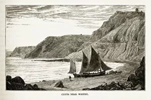 Seaside Resort of Whitby Gallery: White Cliffs of Whitby in Yorkshire, England Victorian Engraving, Circa 1840