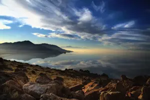 Utah Prints: White clouds drift over Antelope Island in the Great Salt Lake, Utah, USA