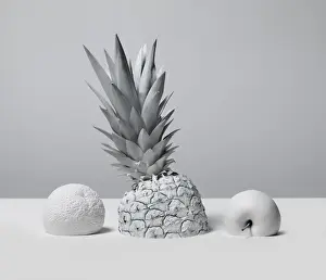 Prints of An orange, pineapple and an apple, painted white, photographed against a white background Stone Prints: White Nature Pineapple Series 4
