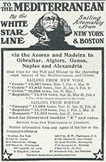 Prints of Advertisement for vacation cruises to Europe including the Azores, Spain, and Italy aboard steamships from New York and Boston by the White Star Line, New York, 1906 A Visual Journey Through the Legacy of the World’s Most Infamous Ship: White Star Line