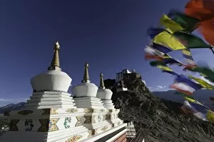 Three white stupas at Thikse Monastery in Leh, Ladakh, India
