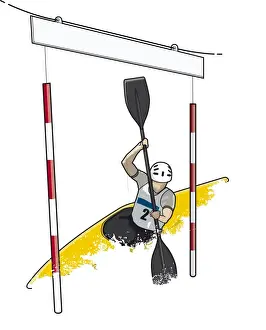 Kayaking Prints: White-water slalom racer holding paddle in vertical position while passing through gate