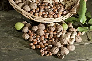 Wicker basket with mixed nuts, Walnuts -Juglans regia-, Peanuts -Arachis hypogaea