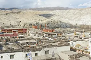 Nepalese Prints: Wide landscape with hills, view over the walled city north to Tibet