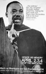 Prints of circa 1970: A poster for an anti-war march bearing a picture of civil rights leader Martin Luther King (1929 - 1968) Vietnam War Prints: This Widened War