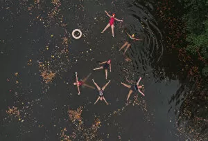 Abstract Aerial Art Prints Gallery: Wild Swimming Womens Group Autumnal Swim Ariel View