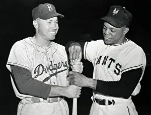 Willie Mays Prints: Willie Mays and Duke Snider Holding Baseball Bat