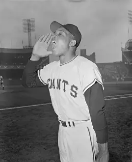 Willie Mays with His Hand to His Mouth and in Uniform