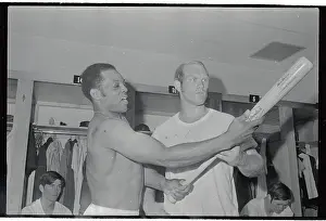 Willie Mays Holding Baseball Bat and Talking with Terry Bradshaw