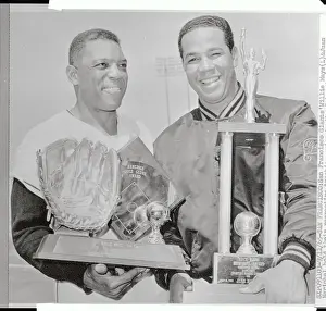 Willie Mays and Juan Marichal Holding Trophies