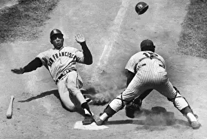 Batting Helmet Prints: Willie Mays Sliding into Home Plate