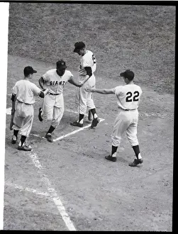 Willie Mays Prints: Willie Mays Welcomed As He Crosses Home
