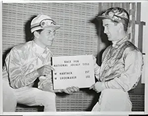 Rivalry Prints: Willie Shoemaker and Bill Hartack Holding Score Board