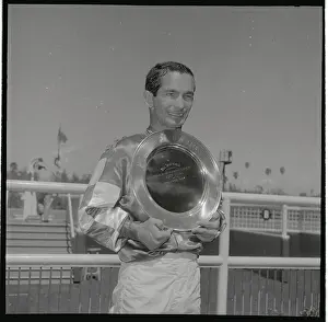 Inglewood Prints: Willie Shoemaker Holding Trophy and Smiling