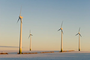 Saxon Gallery: Wind turbines in winter at sunrise on a snowy field, Saxony-Anhalt, Germany, Europe