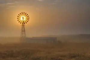 Windmill Backlit at Sunrise in the Mist and Fog of a Cold Winter Morning, Free State Province, South Africa