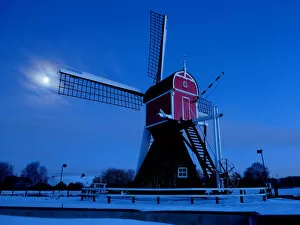 Railing Collection: Windmill on a winter evening, the Netherlands