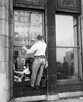 Pail Prints: Window Cleaner At Work Waves/Woman