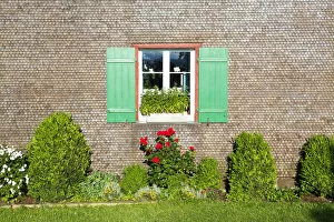 Images Dated 4th July 2013: Window with green shutters, with flowers in the front, Reichenau, Baden-Wuerttemberg, Germany