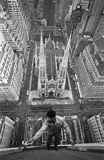 5th Avenue Prints: Window Washer Above St. Patrick's Parade
