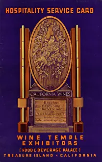 Prints of USA - 1939: A menu for Wine Temple Exhibitors reads 'Hospitality Service Card Wine Temple Exhibitors' from 1939 in USA. (Photo by Jim Heimann Collection/Getty Images) A Visual Journey Through Jim Heimann’s Collage Illustrations—Celebrating the Art of Vintage Ephemera and Pop History: Wine Temple Exhibitors