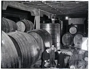 Cellar Prints: Winery Workers Surrounded by Giant Casks