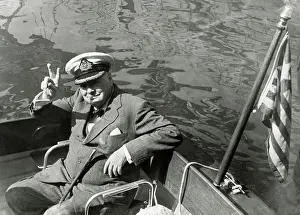 Winston Churchill in a Boat Giving Victory Sign