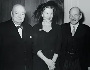 Prints of (Original Caption). London: Churchill Is 75. Winston Churchill, (L), and Prime Minister Clement Attlee flank Queen Ingrid of Denmark, Nov. 30th, at a Danish party in celebration of Mr A Quiet Strength: A Leader Who Shaped Modern Britain: Winston Churchill with Happy Birthday Wishers