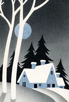 Fir Tree Prints: Winter Landscape With House