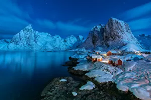 Deep Snow Collection: Winter landscape at night in Hamnoy, Lofoten Islands, Norway
