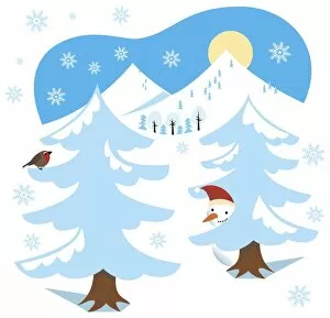 Winter scene, fir trees covered with snow, snowman peeking out behind tree, robin perched on tree