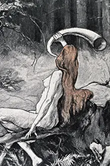 Witch, young woman with long red hair blowing horn, summoning monsters from a dark primeval forest, Art Nouveau, Jugendstil, 1899, Vintage illustration