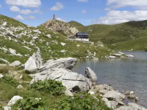 Karnten Prints: Wolayer Lake or Wolayersee with the Wolayersee hut and war memorial